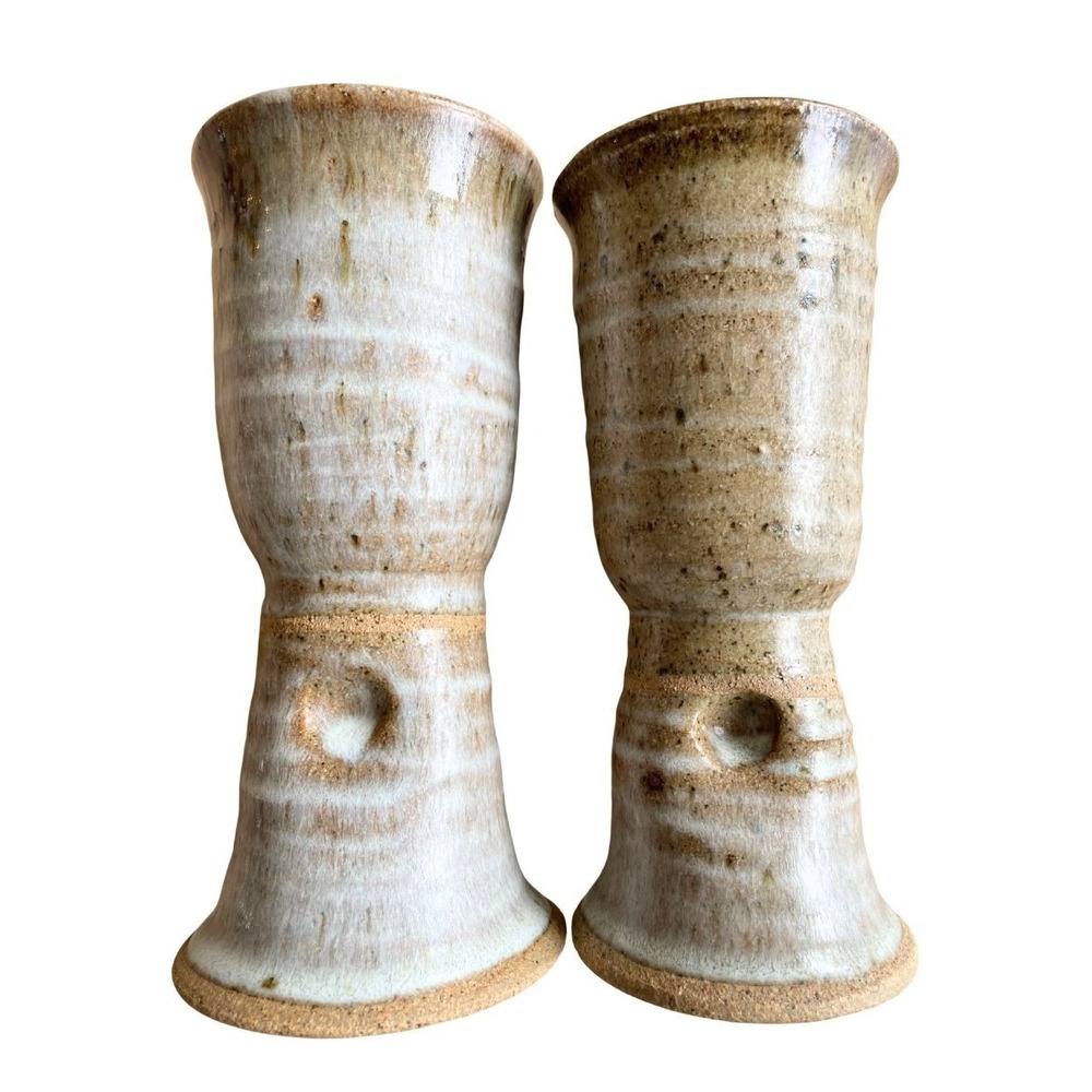 Signed Studio Pottery Thumbprint Goblets Pair Handmade Wheel Thrown Stoneware